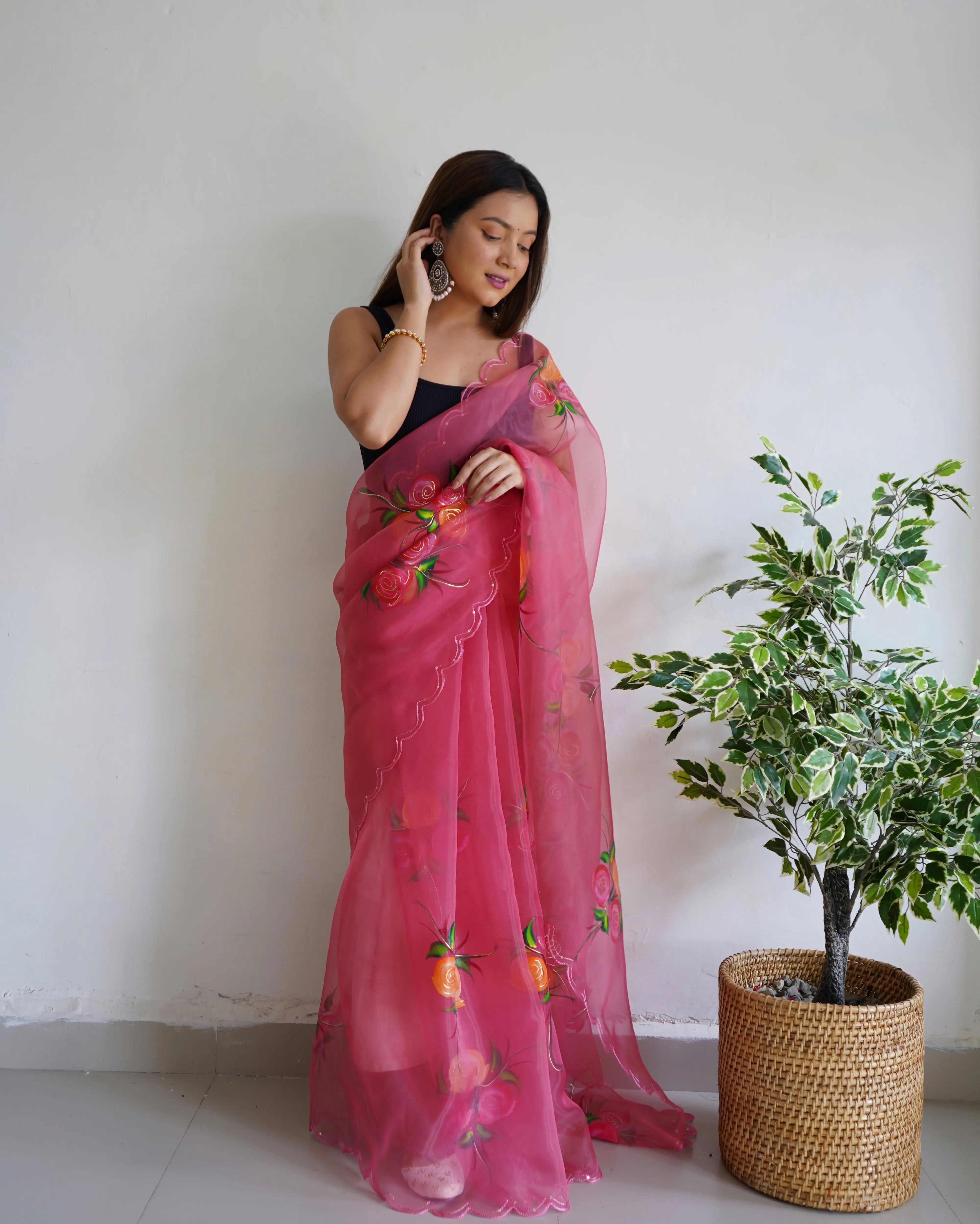 Organza Hand Painted Floral Saree Raspberry Rose - Colorful Saree