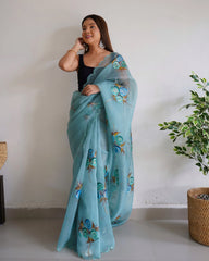 Organza Hand Painted Floral Saree Slate Blue - Colorful Saree