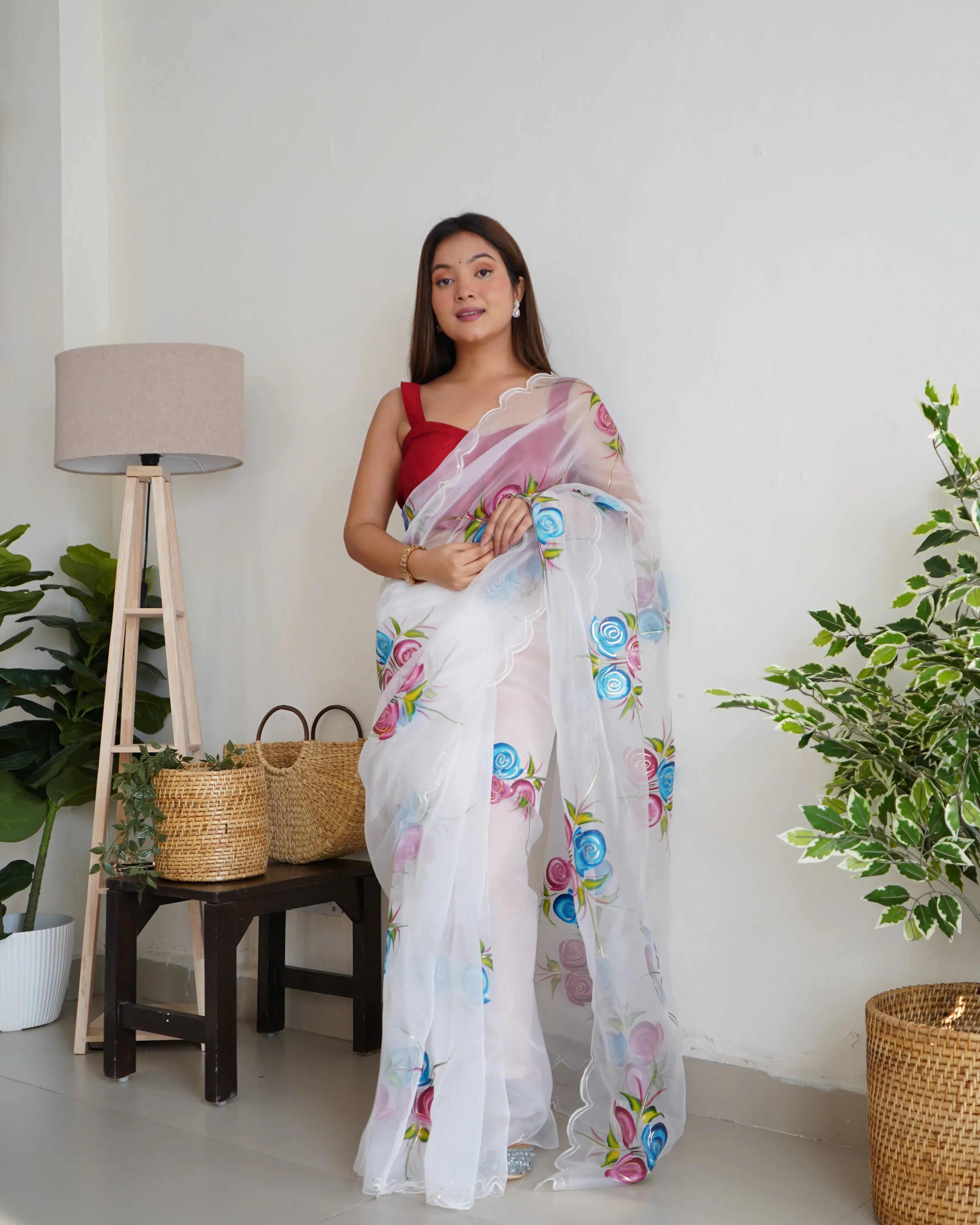 Organza Hand Painted Floral Saree White - Colorful Saree