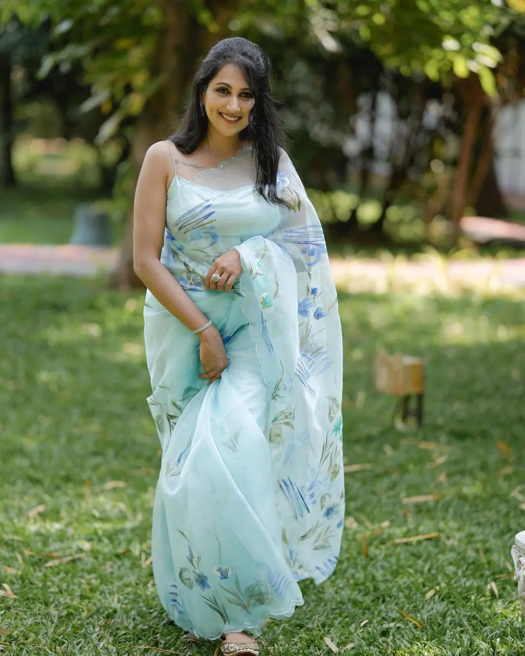 Organza Hand Painted Foil Floral Saree Cloudy Blue - Colorful Saree