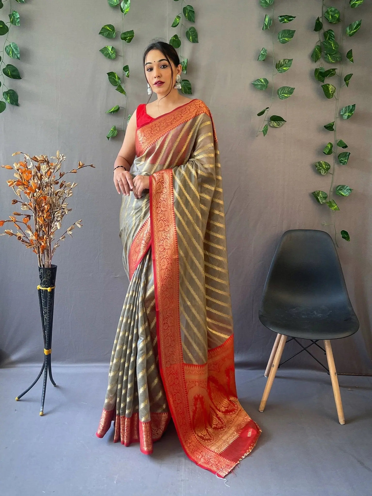 Organza Leheriya Contrast Woven Saree Grey - Colorful Saree