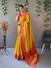 Organza Leheriya Contrast Woven Saree Orange Yellow - Colorful Saree