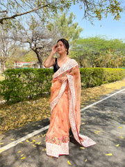 Organza Lucknowi Chikankari Multicolor Viscose Work Saree Peach - Colorful Saree