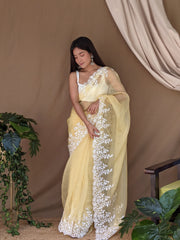 Organza Lucknowi Viscose Thread Work Saree Pastel Yellow - Colorful Saree