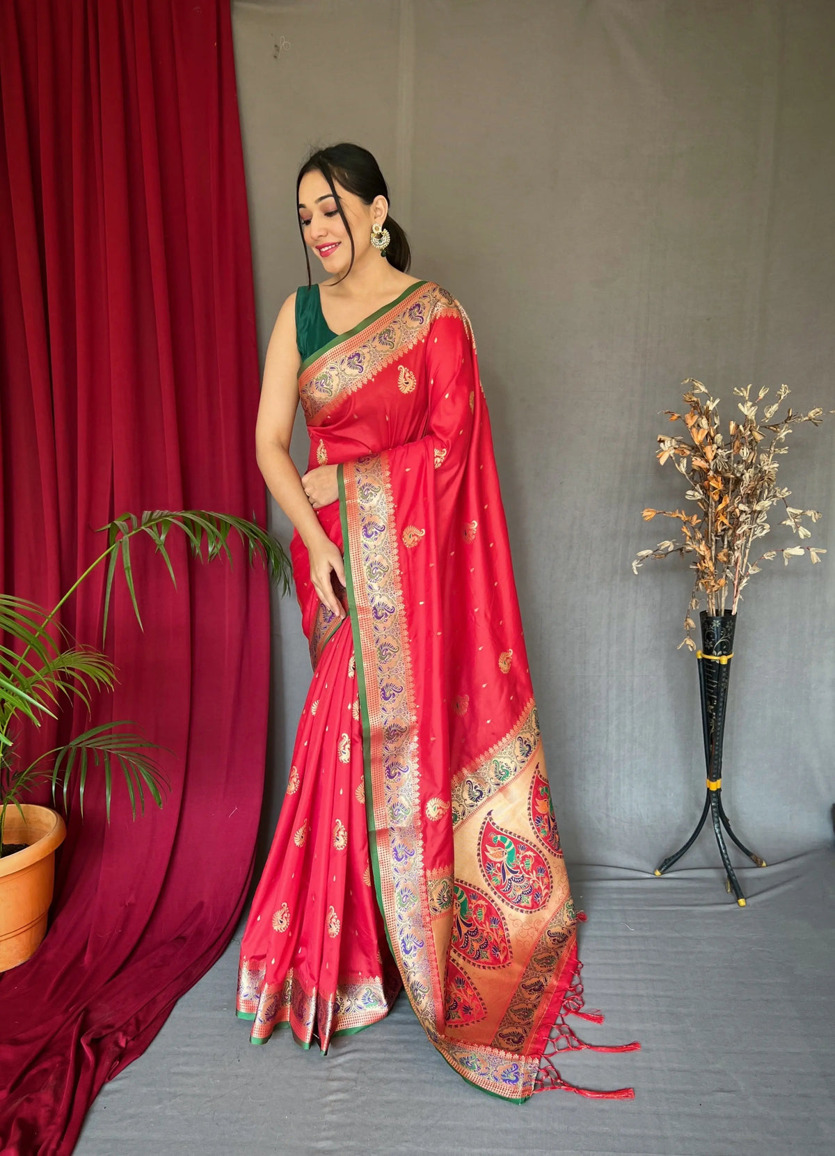 Paithani Silk Meenakari Peacock Zari Woven Saree Red - Colorful Saree