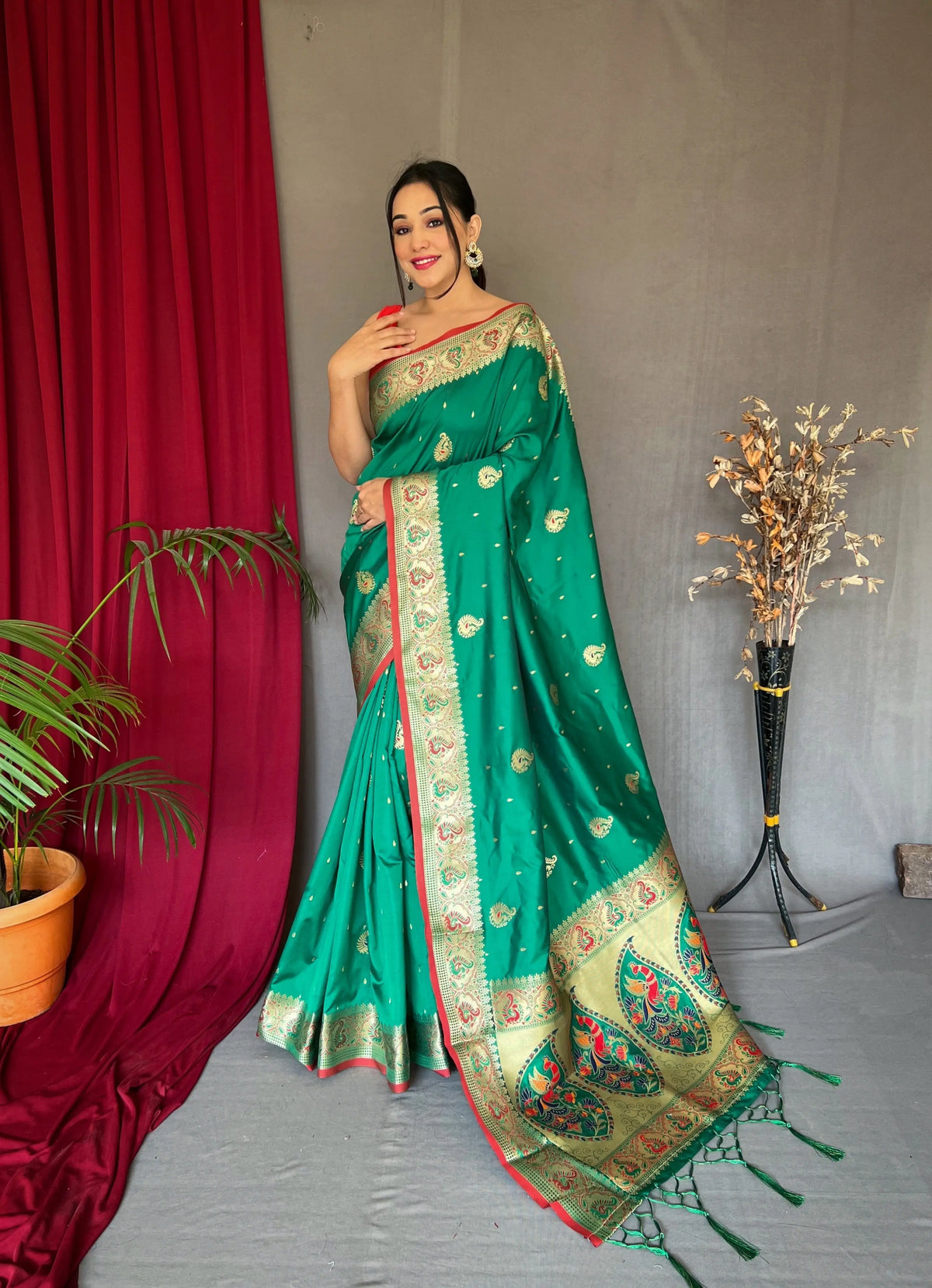 Paithani Silk Meenakari Peacock Zari Woven Saree Surfie Green - Colorful Saree