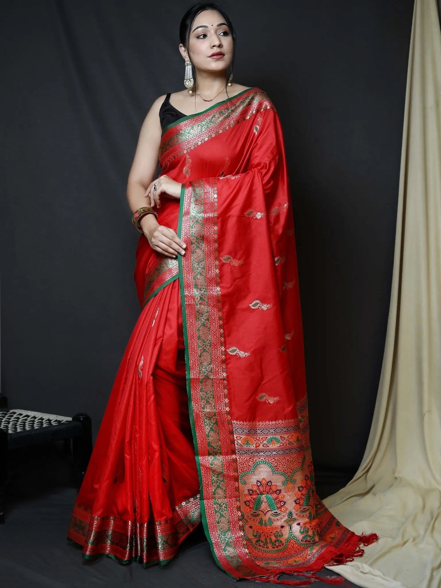 Paithani Silk Peacock Zari Contrast Border Woven Saree Red - Colorful Saree