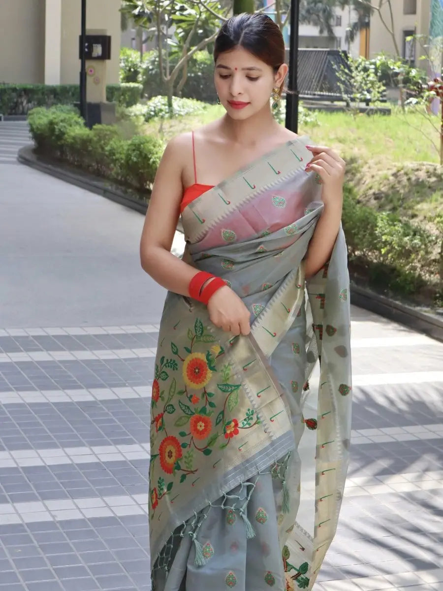 Parineeti Paithani Organza Woven Saree Grey - Colorful Saree