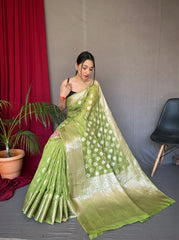 Parrot Green Man Mohini Cotton Muslin Woven Saree - Colorful Saree