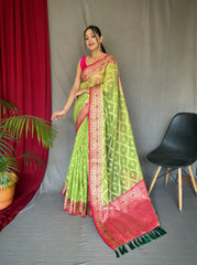 Parrot Green Saree in Banarasi Woven Organza Silk - Colorful Saree