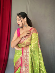 Parrot Green Saree in Banarasi Woven Organza Silk - Colorful Saree