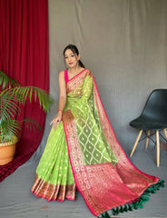 Parrot Green Saree in Banarasi Woven Organza Silk - Colorful Saree