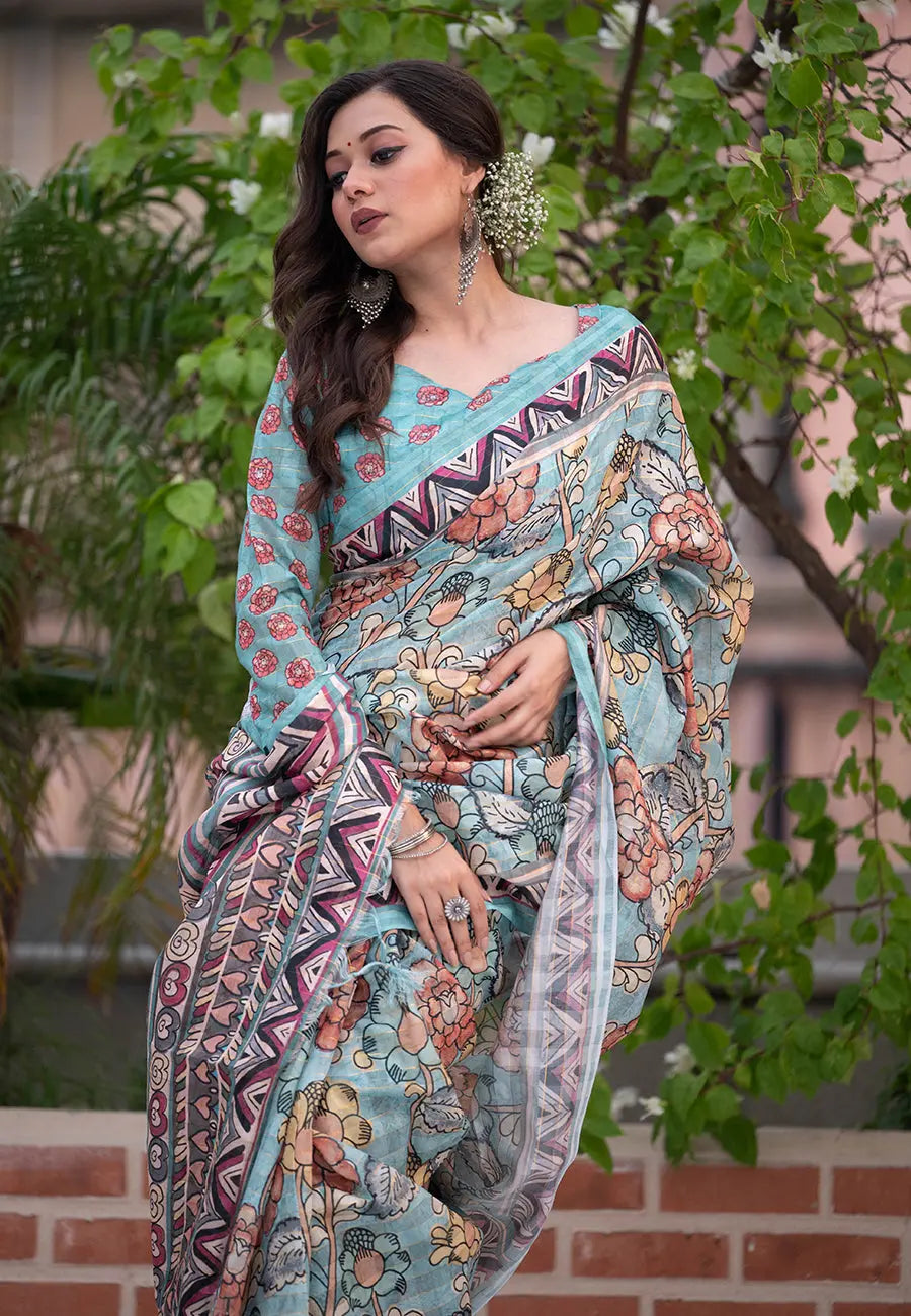 Pastel Blue Amita Linen Cotton Kalamkari Printed Saree - Colorful Saree