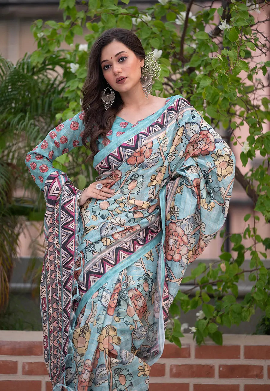 Pastel Blue Amita Linen Cotton Kalamkari Printed Saree - Colorful Saree