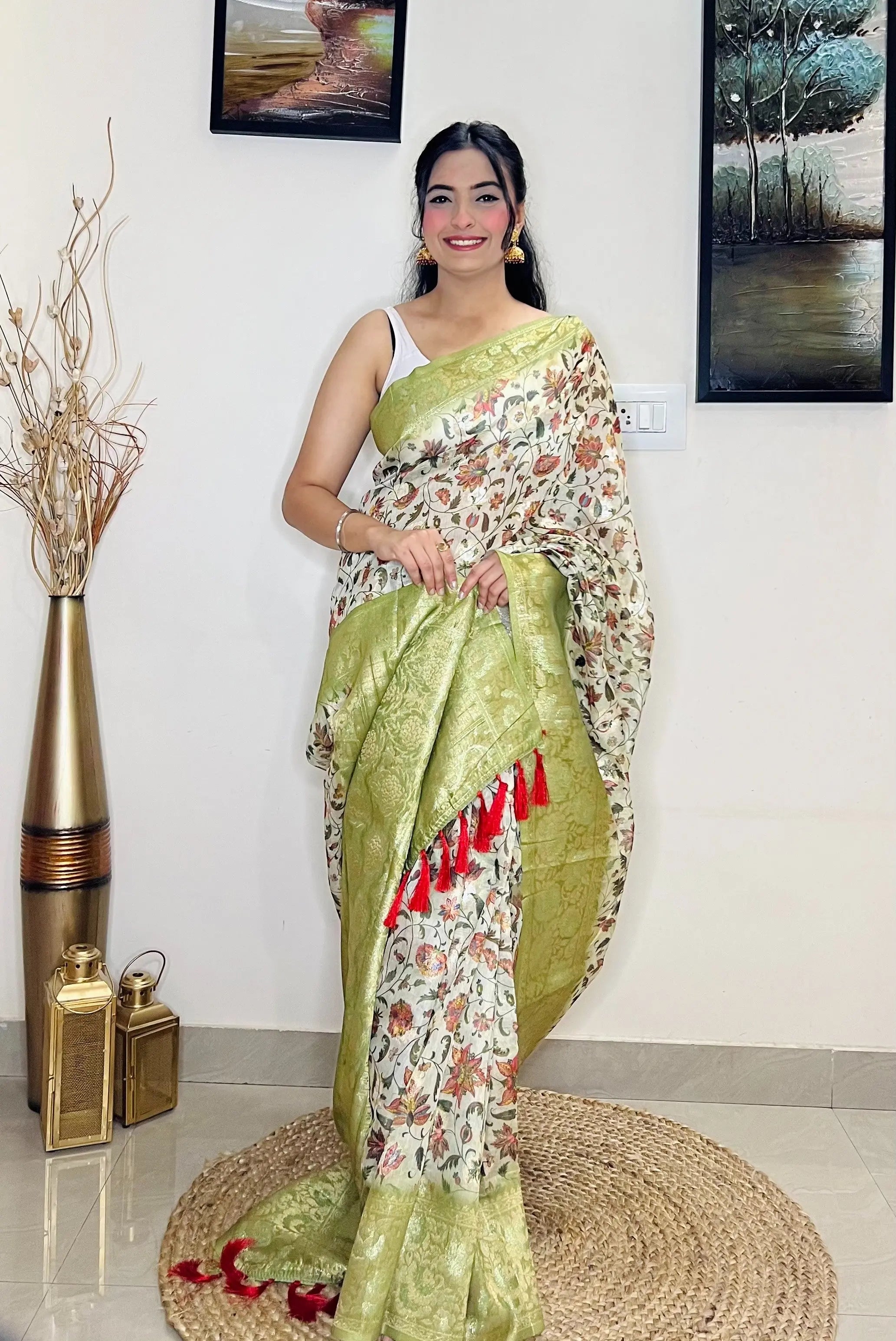 Pastel Green saree in Banarasi silk with Floral Print - Colorful Saree