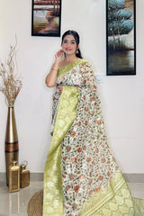 Pastel Green saree in Banarasi silk with Floral Print - Colorful Saree