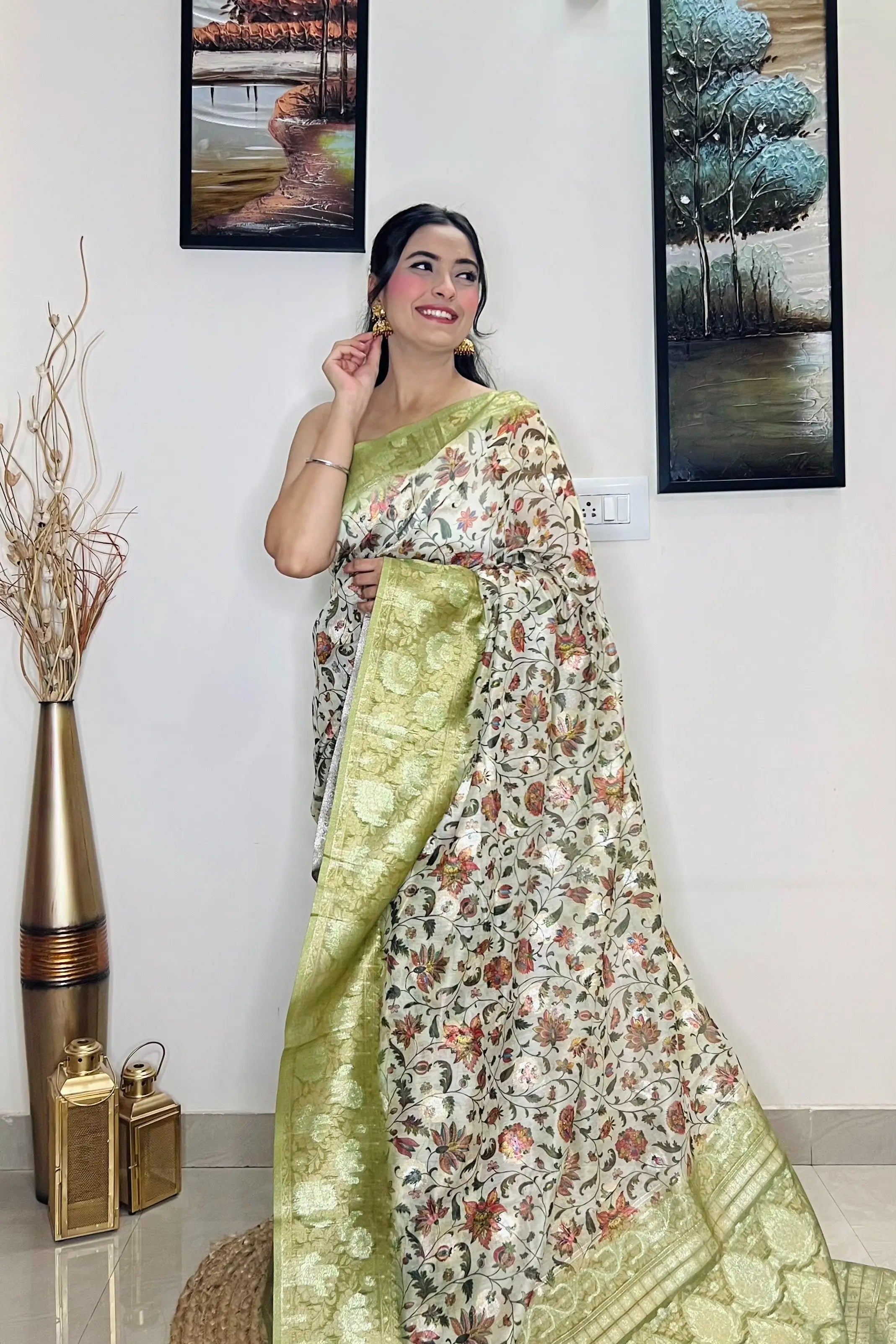 Pastel Green saree in Banarasi silk with Floral Print - Colorful Saree