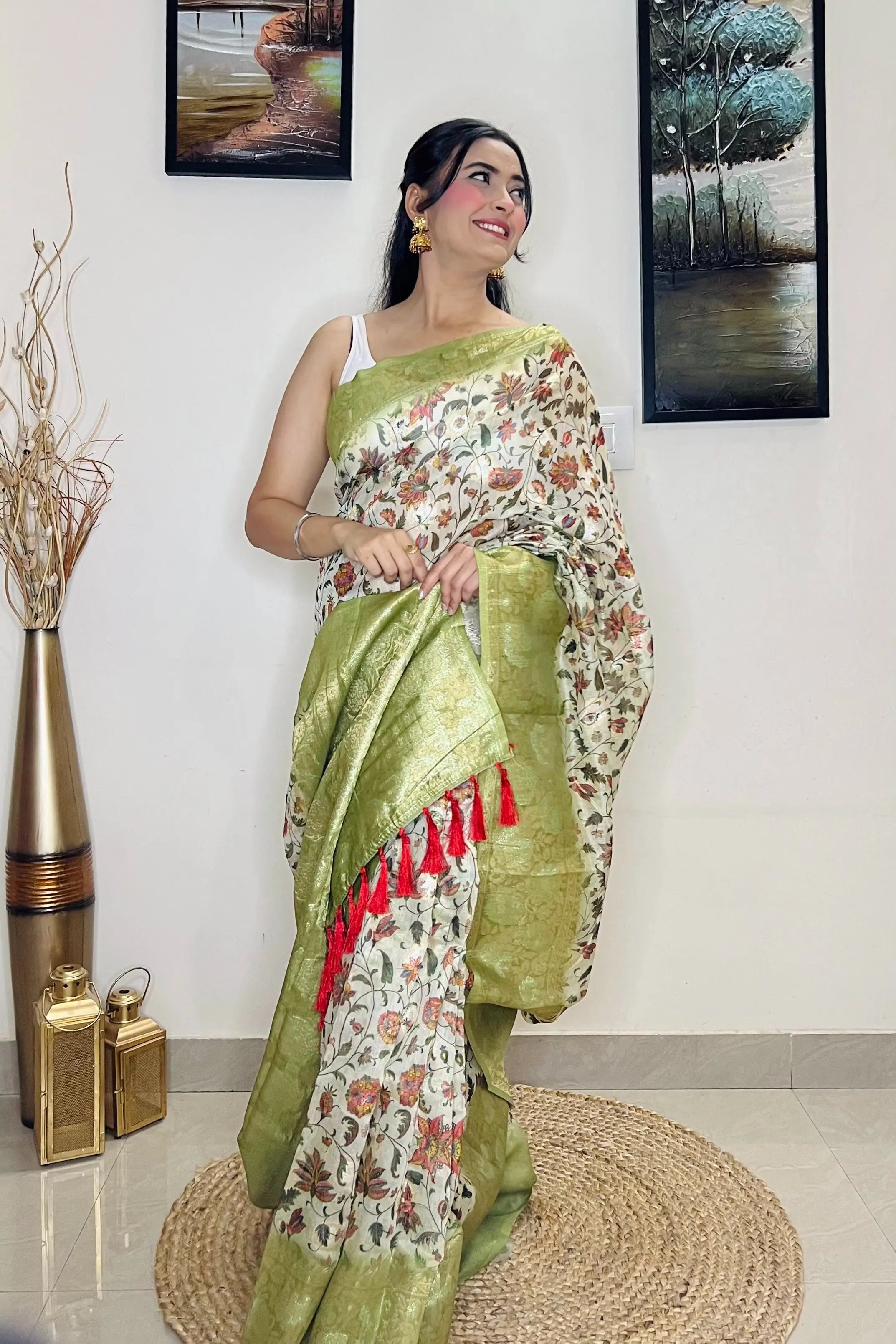 Pastel Green saree in Banarasi silk with Floral Print - Colorful Saree