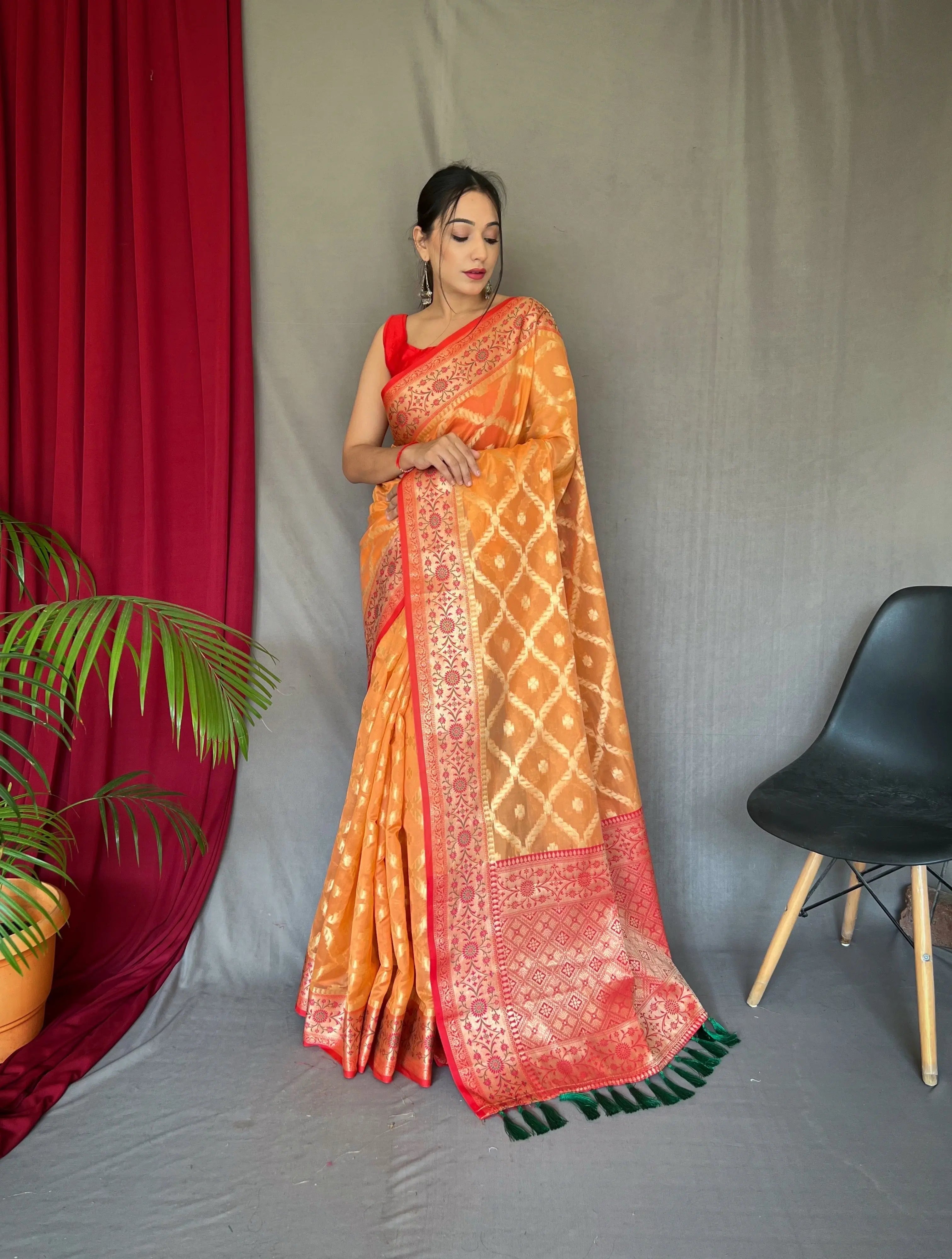 Pastel Orange Saree in Banarasi Woven Organza Silk - Colorful Saree