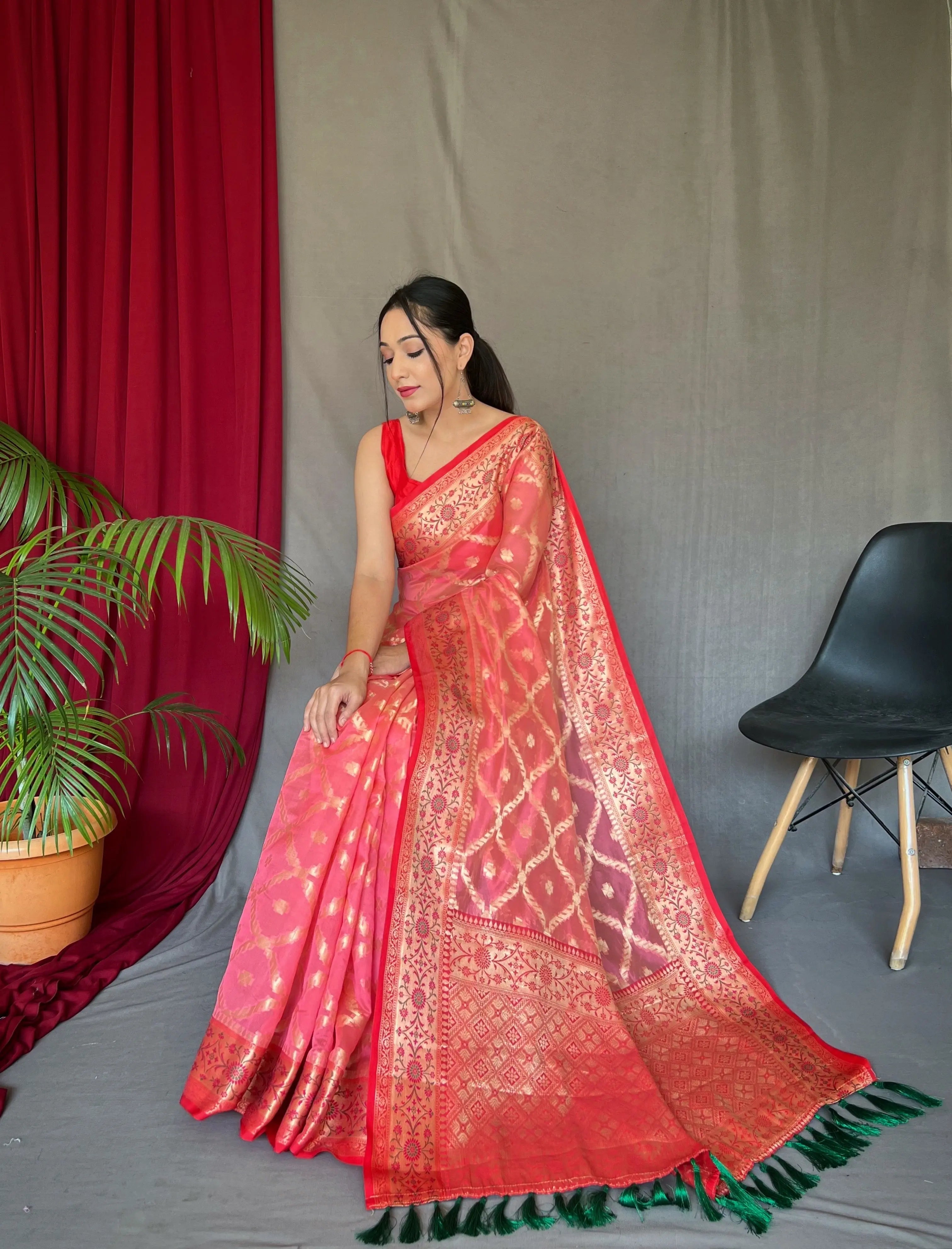 Pastel Peachy Pink Saree in Banarasi Woven Organza Silk - Colorful Saree