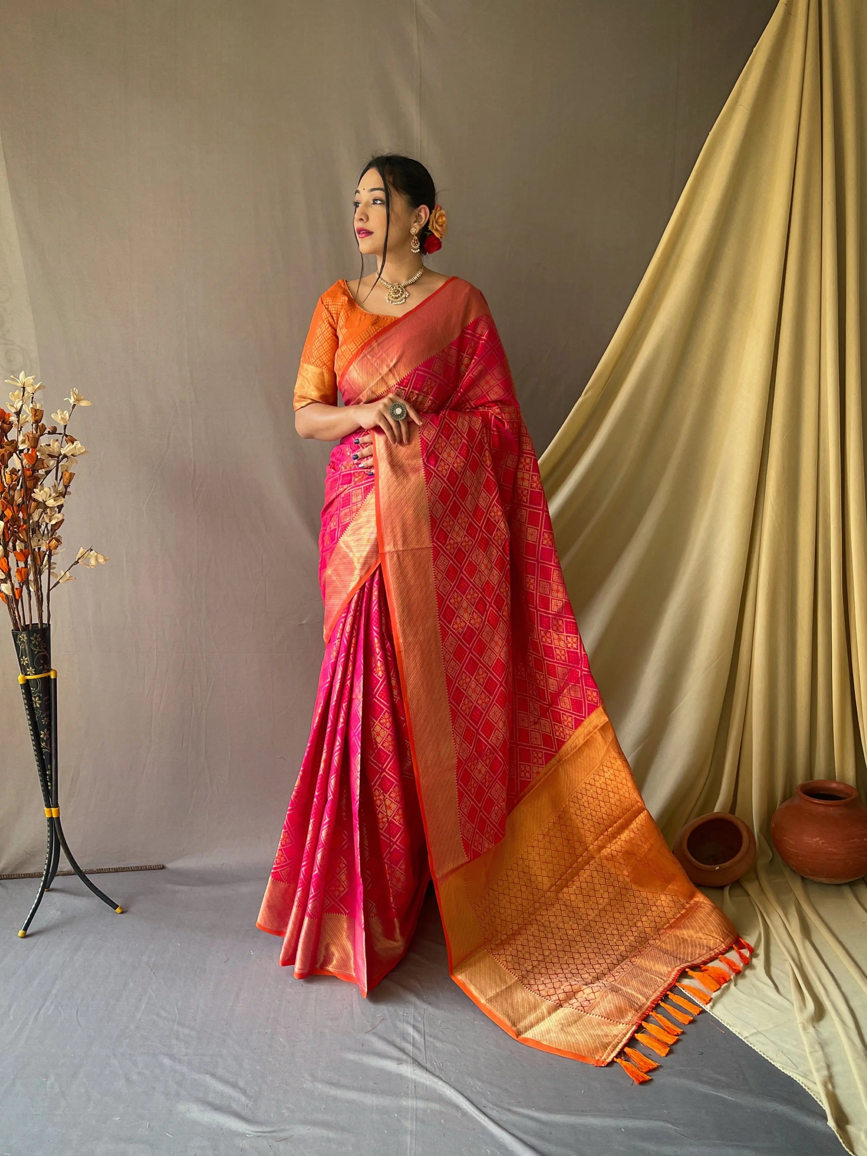 Patan Patola Woven Pink - Colorful Saree