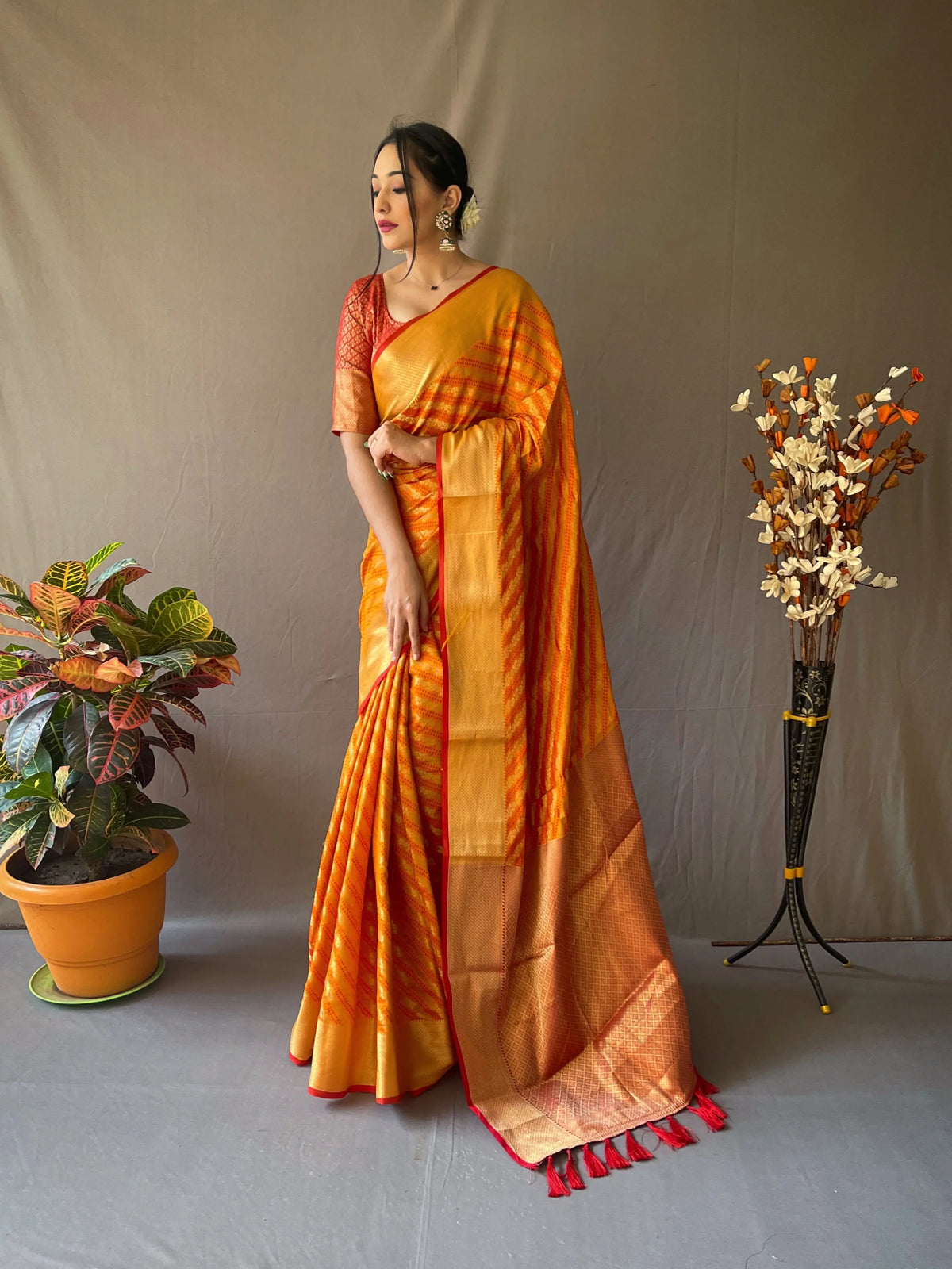 Patola Leheriya Woven Mustard Orange - Colorful Saree