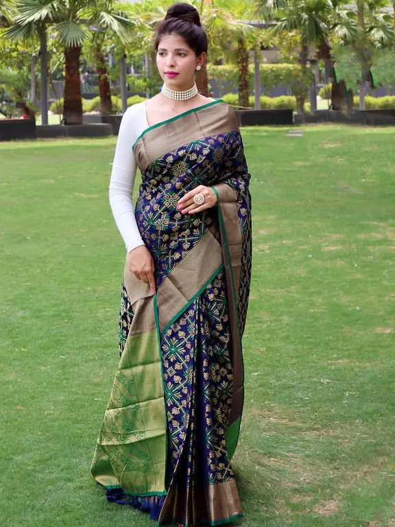 Patola Silk Woven Vol. 6 Contrast Navy with Green - Colorful Saree