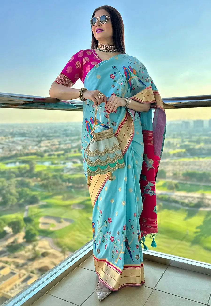 Payal Gupta in Aqua Blue Mayuri Banarasi Paithani Silk Woven Saree - Colorful Saree