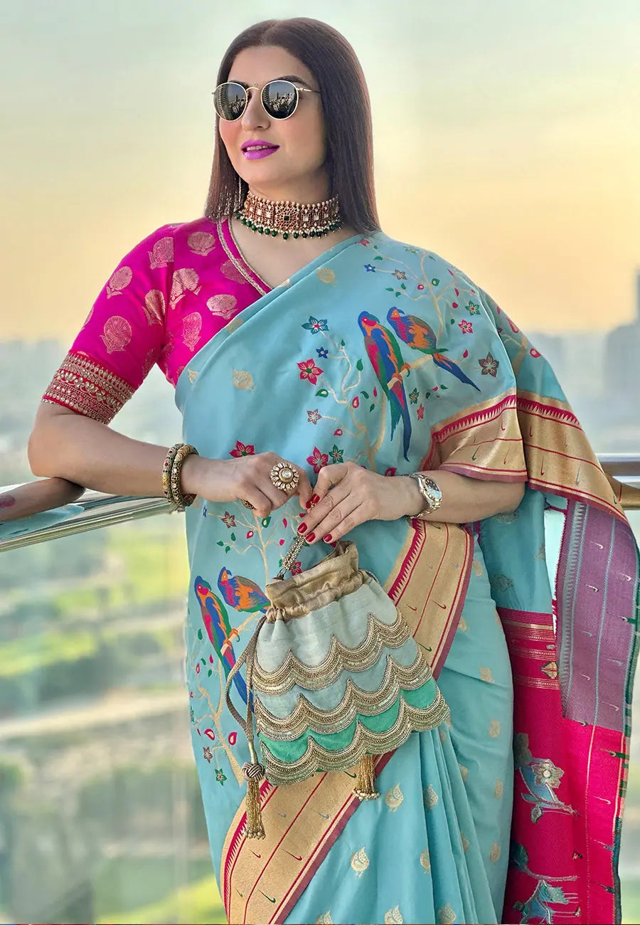 Payal Gupta in Aqua Blue Mayuri Banarasi Paithani Silk Woven Saree - Colorful Saree