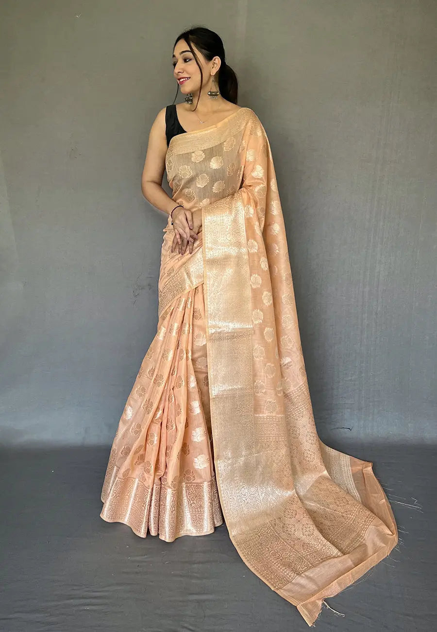 Peach Anandi Cotton Muslin Woven Saree - Colorful Saree