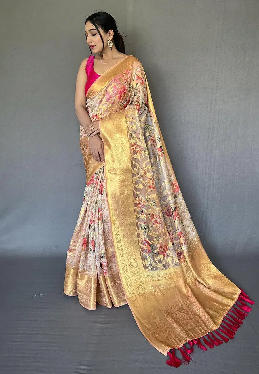 Peach Banarasi Kora Organza Anokhi Digital Vol. 3 Printed Woven Saree - Colorful Saree