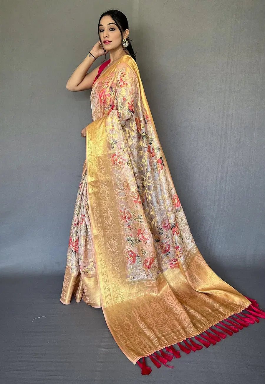 Peach Banarasi Kora Organza Anokhi Digital Vol. 3 Printed Woven Saree - Colorful Saree