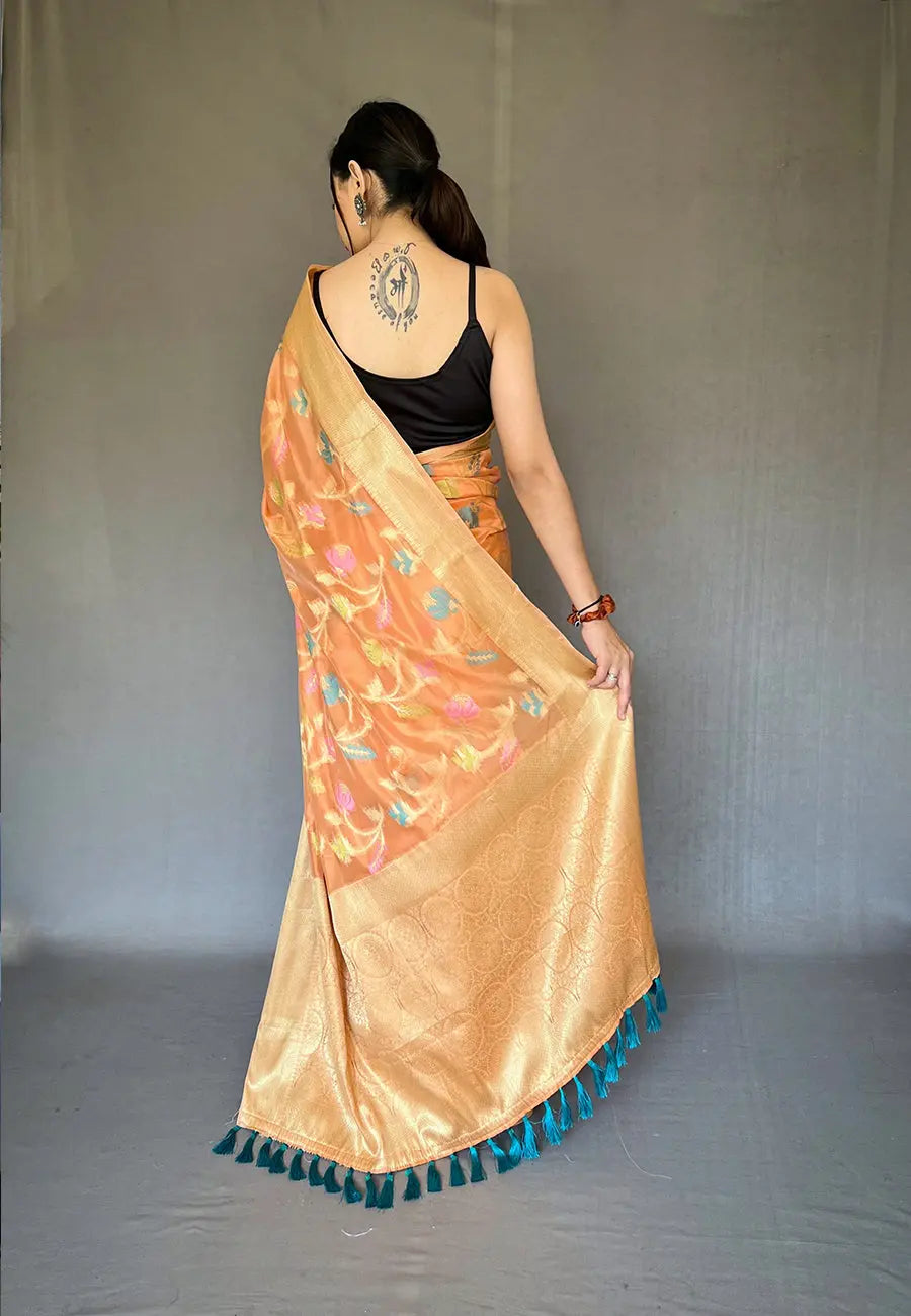 Peach Barfi Organza Silk Woven Saree - Colorful Saree