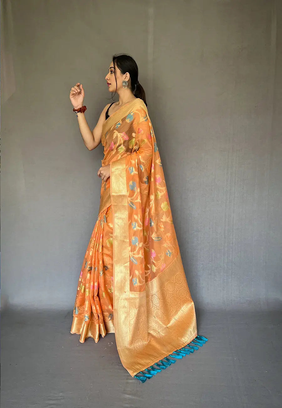 Peach Barfi Organza Silk Woven Saree - Colorful Saree