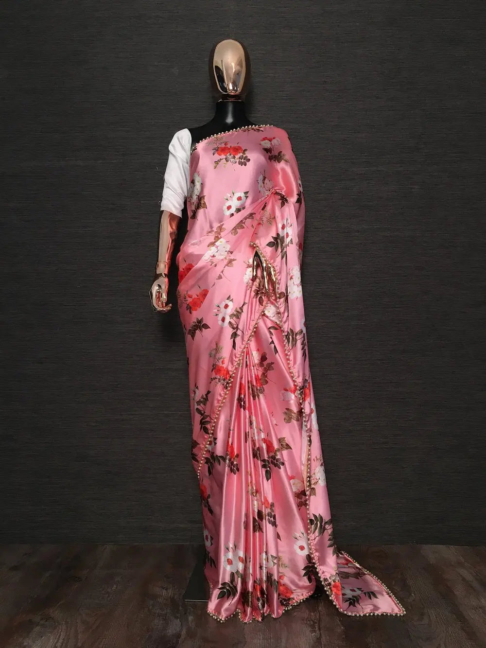 Peach Color Digital Printed Heavy Japan Satin Silk Saree With Pearl Lace Border - Colorful Saree