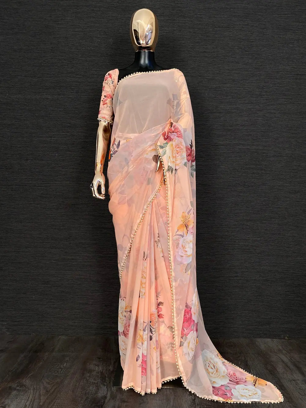 Peach Color Printed Pearl Lace Border Georgette Saree - Colorful Saree