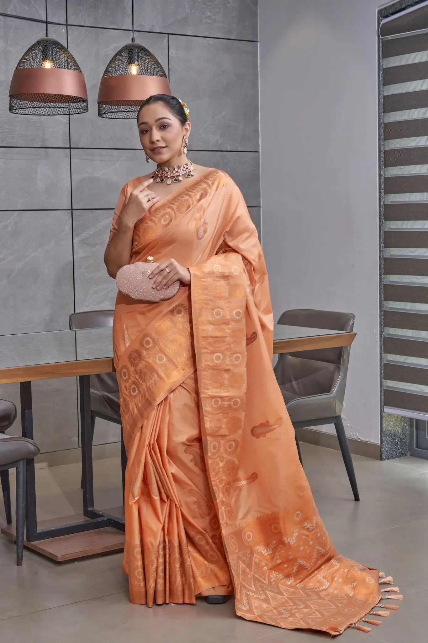 Peach Devika Tussar Silk Copper Zari Woven Saree - Colorful Saree