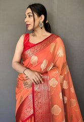 Peach Tejaswi Organza Contrast Zari Woven Saree - Colorful Saree