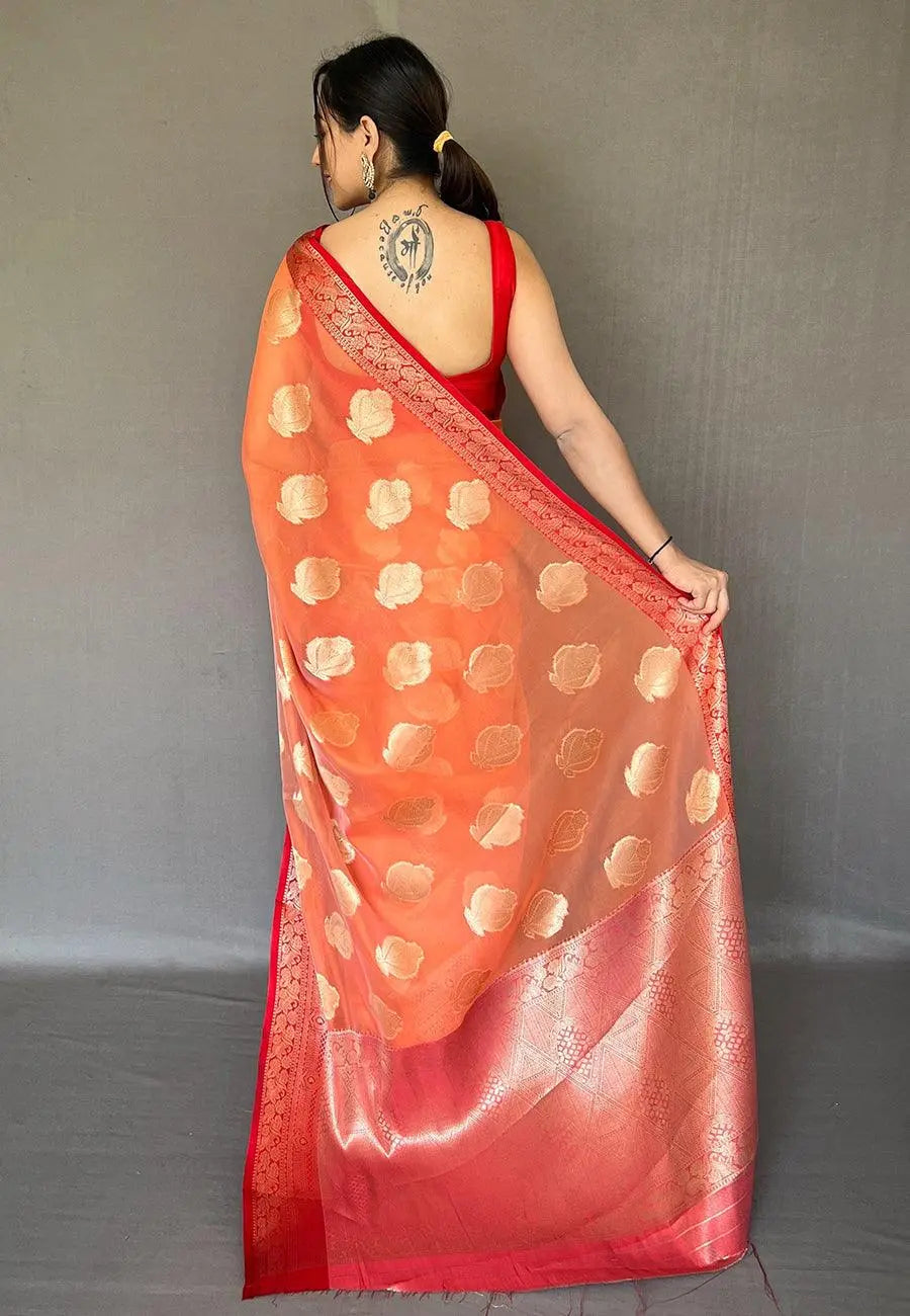 Peach Tejaswi Organza Contrast Zari Woven Saree - Colorful Saree