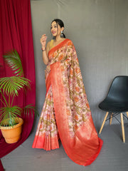 Peachy Pink Saree in Banarasi Silk Woven with Kalamkari Print - Colorful Saree