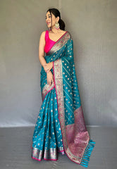 Peacock Blue Apsara Cotton Silk Zari Woven Saree - Colorful Saree