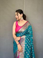 Peacock Blue Apsara Cotton Silk Zari Woven Saree - Colorful Saree