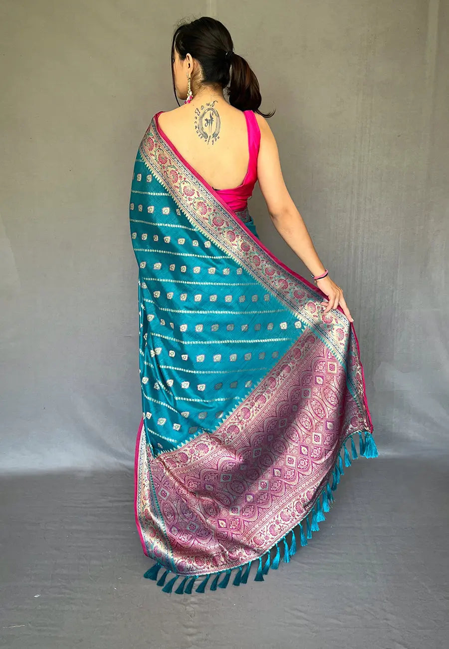 Peacock Blue Apsara Cotton Silk Zari Woven Saree - Colorful Saree