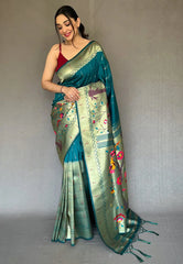 Peacock Blue Paithani Big Border Zari Woven Saree - Colorful Saree