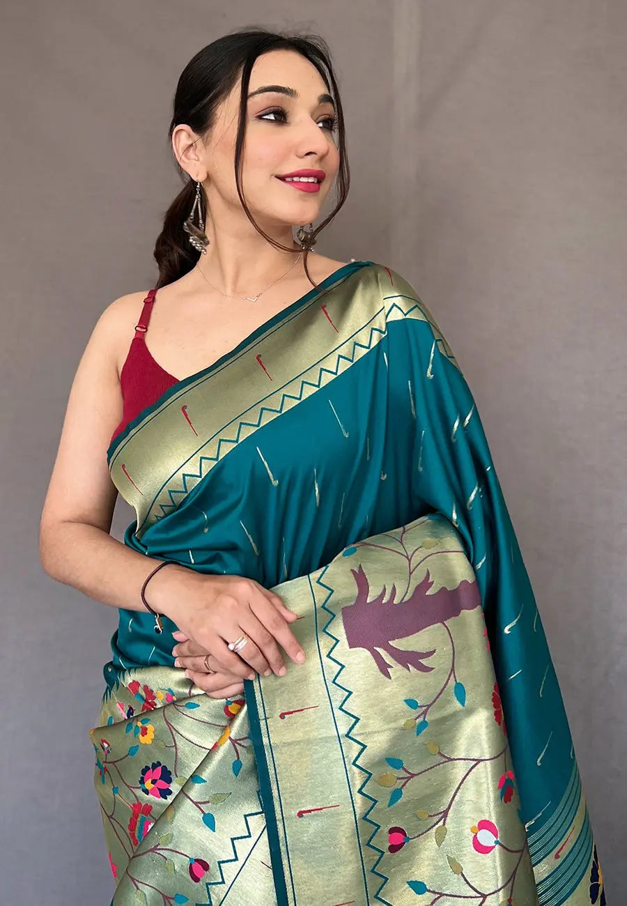 Peacock Blue Paithani Big Border Zari Woven Saree - Colorful Saree