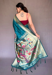 Peacock Blue Paithani Big Border Zari Woven Saree - Colorful Saree