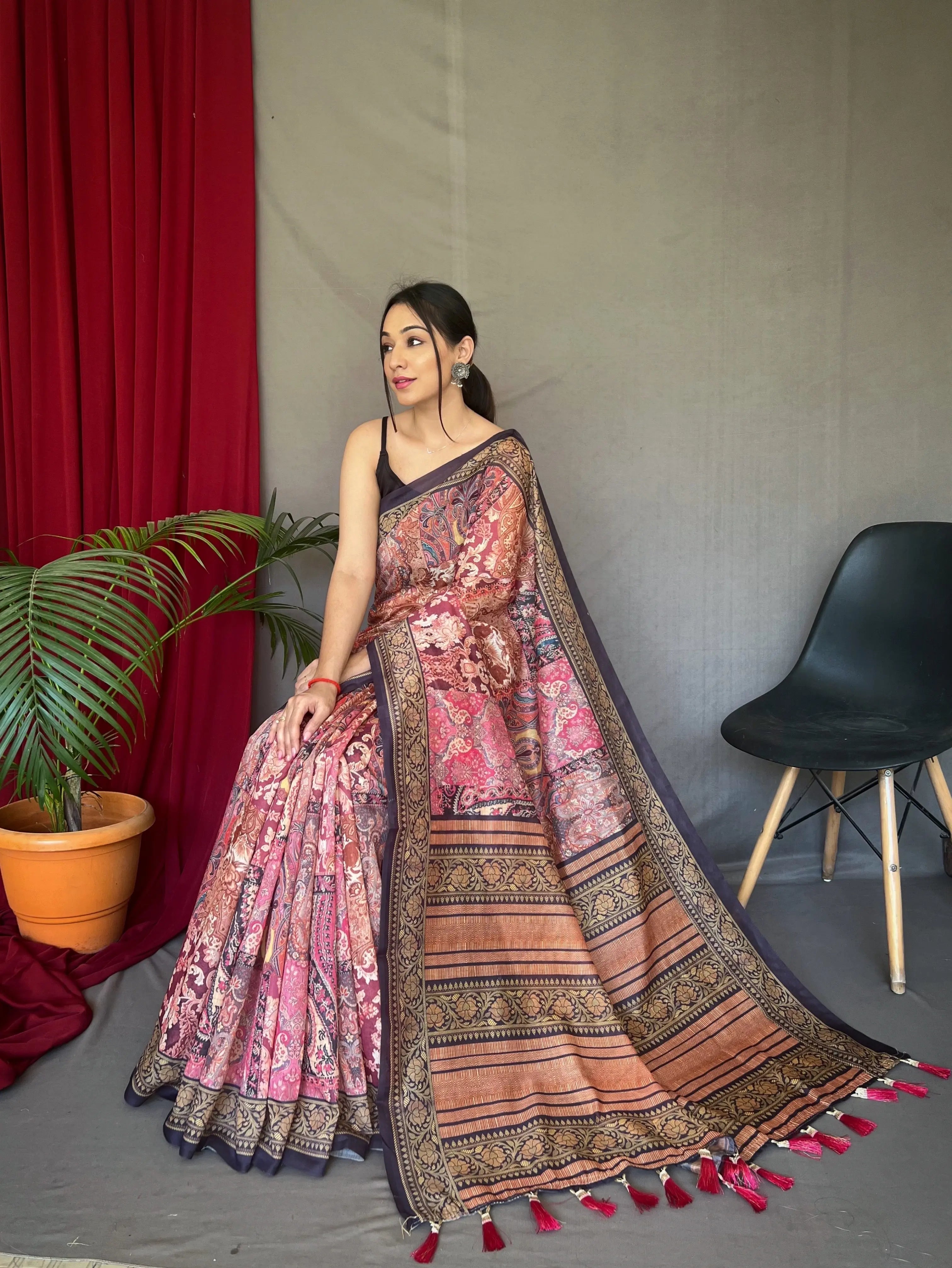 Pink Brown Ajrakh Carpet Silk Cotton Printed Saree - Colorful Saree