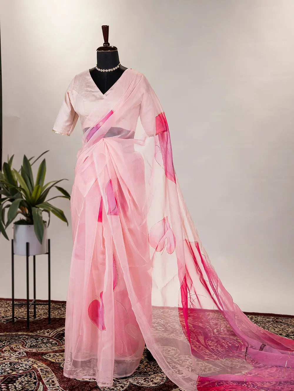 Pink Color Floral & Foil Print Organza Saree - Colorful Saree