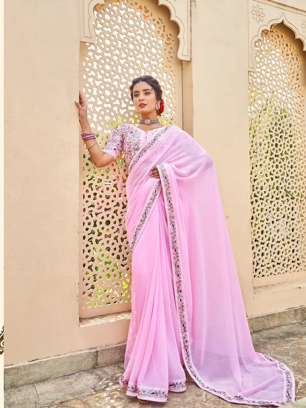 Pink Color Thread And Sequins Embroidery Border Georgette Saree - Colorful Saree