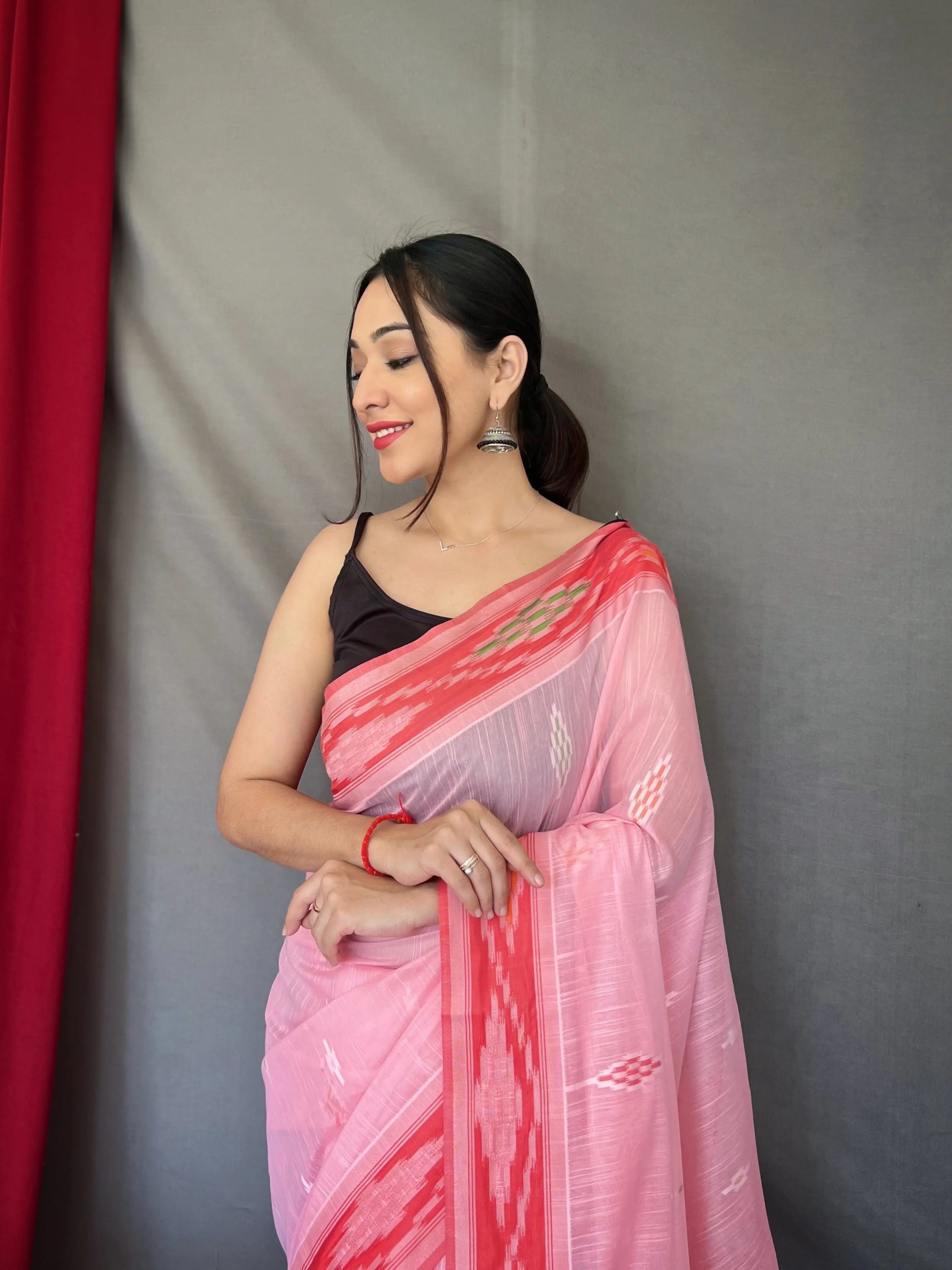 Pink Cotton Ikat Woven Saree - Colorful Saree